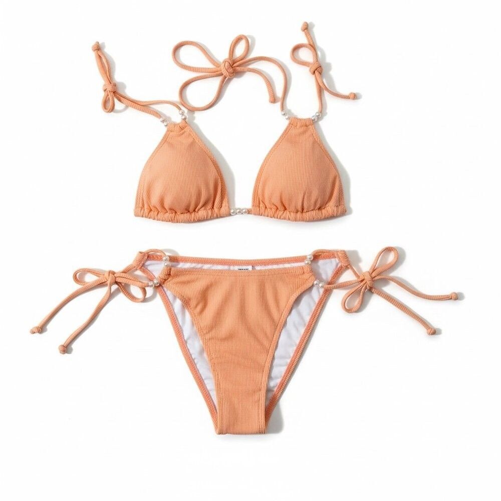 Tashehe Peach Bikini with Pearl Detail Size Medium